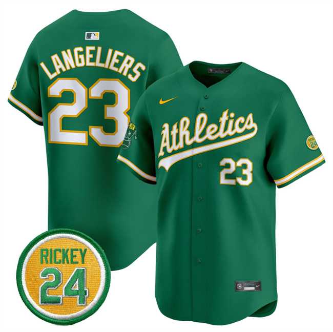 Mens Oakland Athletics #23 Shea Langeliers Green 2024 Limited With Rickey Henderson Patch Stitched Jersey Dzhi->oakland athletics->MLB Jersey